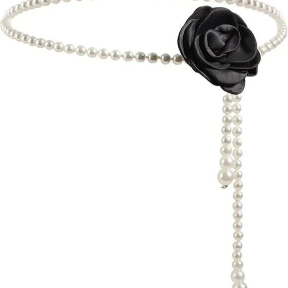 New White Pearl Beaded Black Flower Belt - Picture 6 of 7